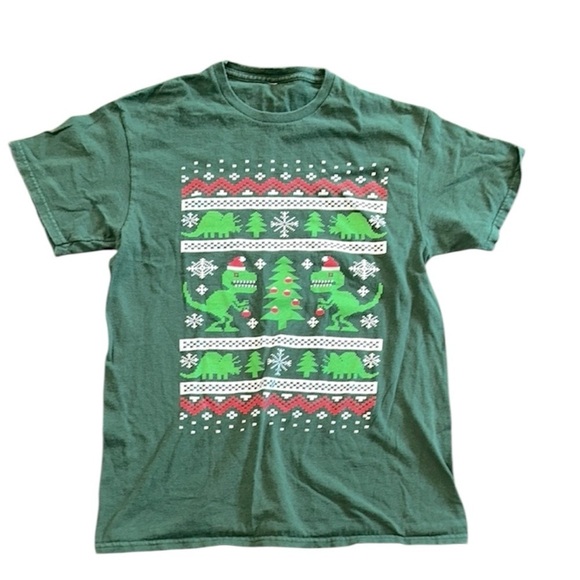 None Tops - Green Dinosaur Christmas T-Shirt size medium
